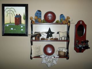 Primitive Wall Gathering,  Red Crackle,  Tan Stars,  Shelf,  Sconce,  Country Decor photo