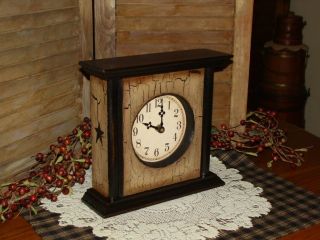 Hp Primitive Wood Mantel Clock Tan Crackle Black Stars Farm House Country Decor photo