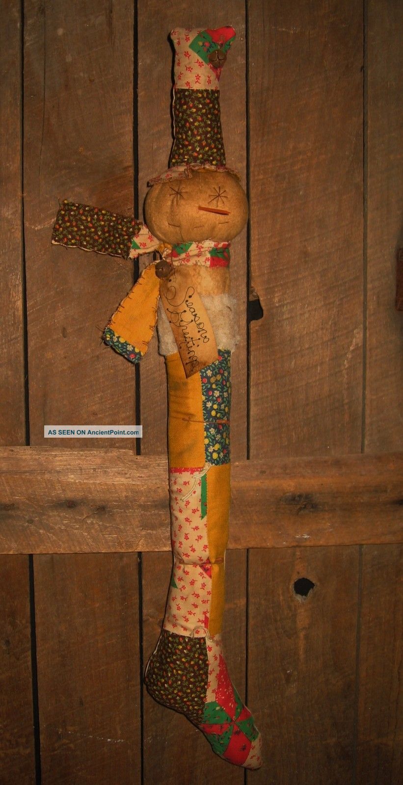 Folk Primitive Christmas Old Quilt Snowman Doll Stocking Ornament Ornies Greeter Primitives photo