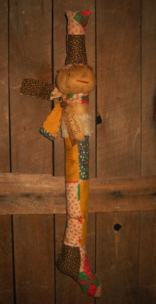 Folk Primitive Christmas Old Quilt Snowman Doll Stocking Ornament Ornies Greeter photo