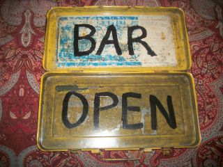 Vintage Antique Farm Metal Tool Box Upcycled Into Bar Open Sign Man Cave Sign photo