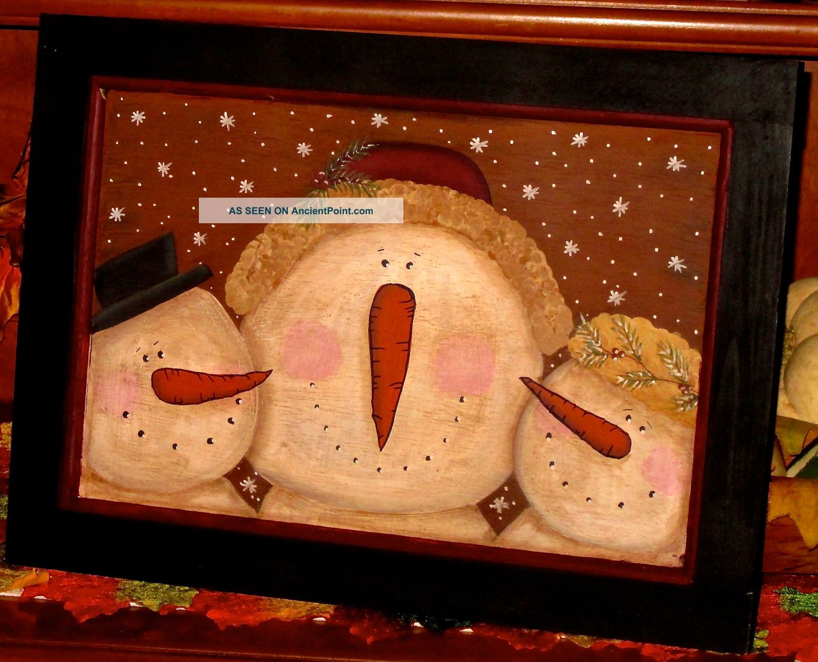Primitive Hp Folk Art Snowmen Trio Winter Door Panel Primitives photo