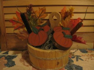 Primitive Wooden Wall Sugar Bucket With Wooden Pumpkins Fall Decoration photo