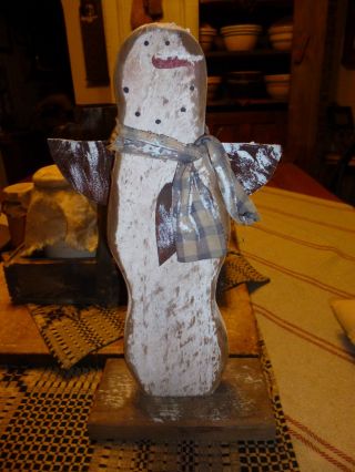 Prim Handmade Wooden Painted Standing Snowman Metal Wings photo