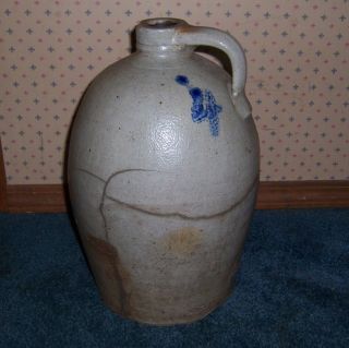 Antique Primitive Large Salt Glaze Stoneware Cobalt Ovoid Crock Jug Signed photo