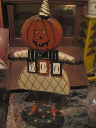 Primitive Pumpkin Man Wood And Metal Figure Holding Boo Sign Cute Fall Decor photo