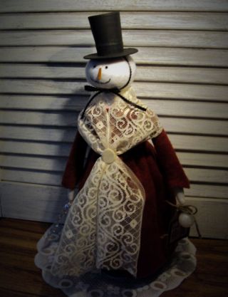 Primitive Folk Art Handmade Handcrafted Wool Snowman Lady Doll Christmas Make Do photo