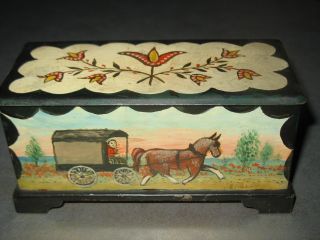 Vintage Old Pennsylvania Dutch Tin Toleware Trinket Box Horse Buggy photo