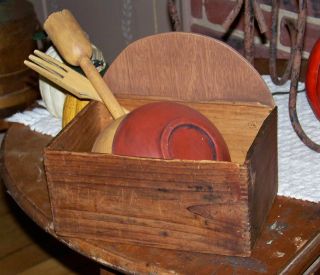Unique Early Wood Box Finger Joint Orig Patina & Treenware 2 Bowls Masher & Fork photo
