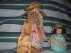 2 Primitive Folk Art Signed Country Doll Clay Pot Doll Hats Crochet Straw Pearl Primitives photo 11