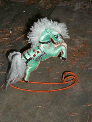 Folk Art Toy Green Hand Sewn Rocking Horse Silk And Canvas Embroidered photo