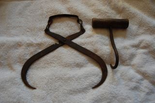 Antique Primitive Rustic Country Farm Decor Iron Ice Tongs And Hay Hook photo