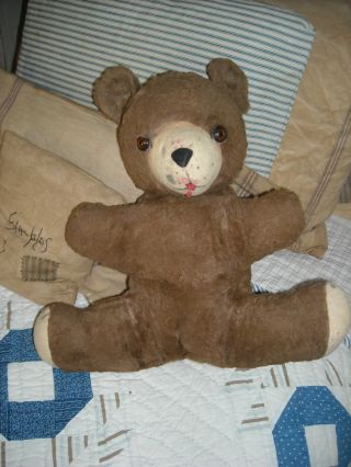 Old Vintage Stuffed Teddy Bear Brown With Bell In One Ear photo