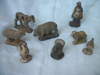 Primitive 8 Piece Painted Farm Animal Set Including Milk Maid From 1920 ' S photo