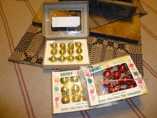Vintage Christmas Colored Ornaments In Originl Boxes 3 Boxes 2 Gold,  1 Red photo