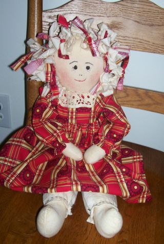 Primitive Country Raggedy Doll Rag Hair Sunflower Red Dress Tea Stained photo