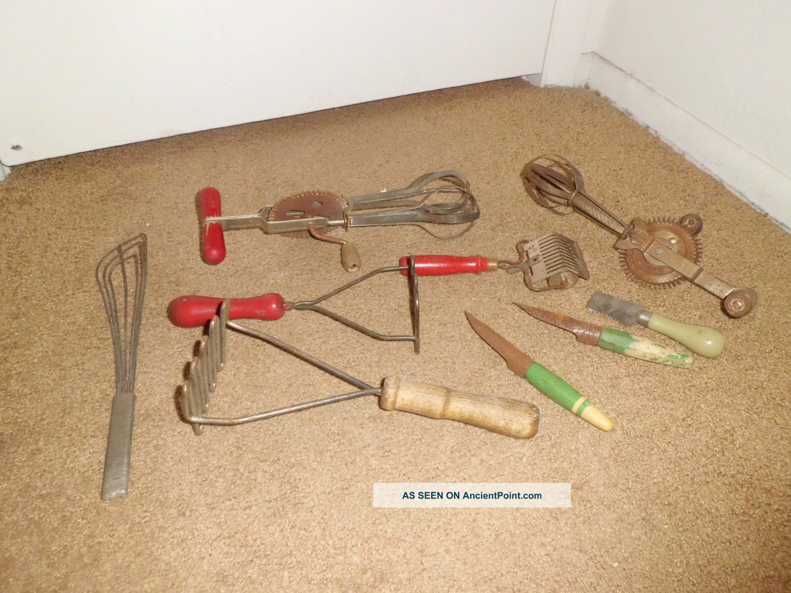 9 Primitive Antique Red & Green Wood Handle Farm Kitchen Utensil Egg Beaters ++ Primitives photo