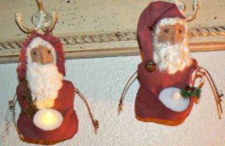 Primitive Folk Art Christmas Santa Doll Tea Light Ornaments Set Of 2 Tmap photo