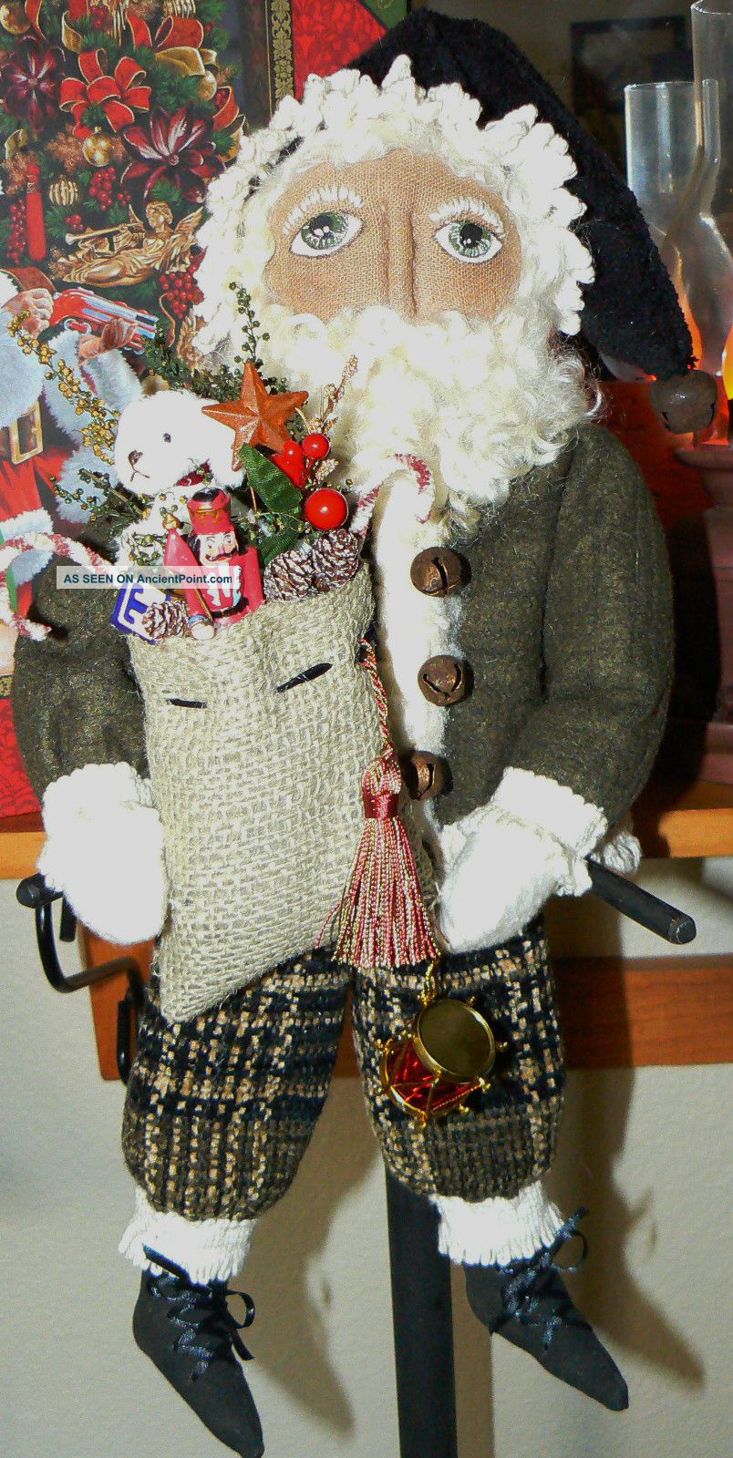 Primitive Folk Art Christmas Santa Doll,  Toy Bag & Drum Tmap Primitives photo