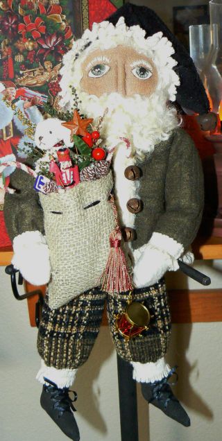 Primitive Folk Art Christmas Santa Doll,  Toy Bag & Drum Tmap photo