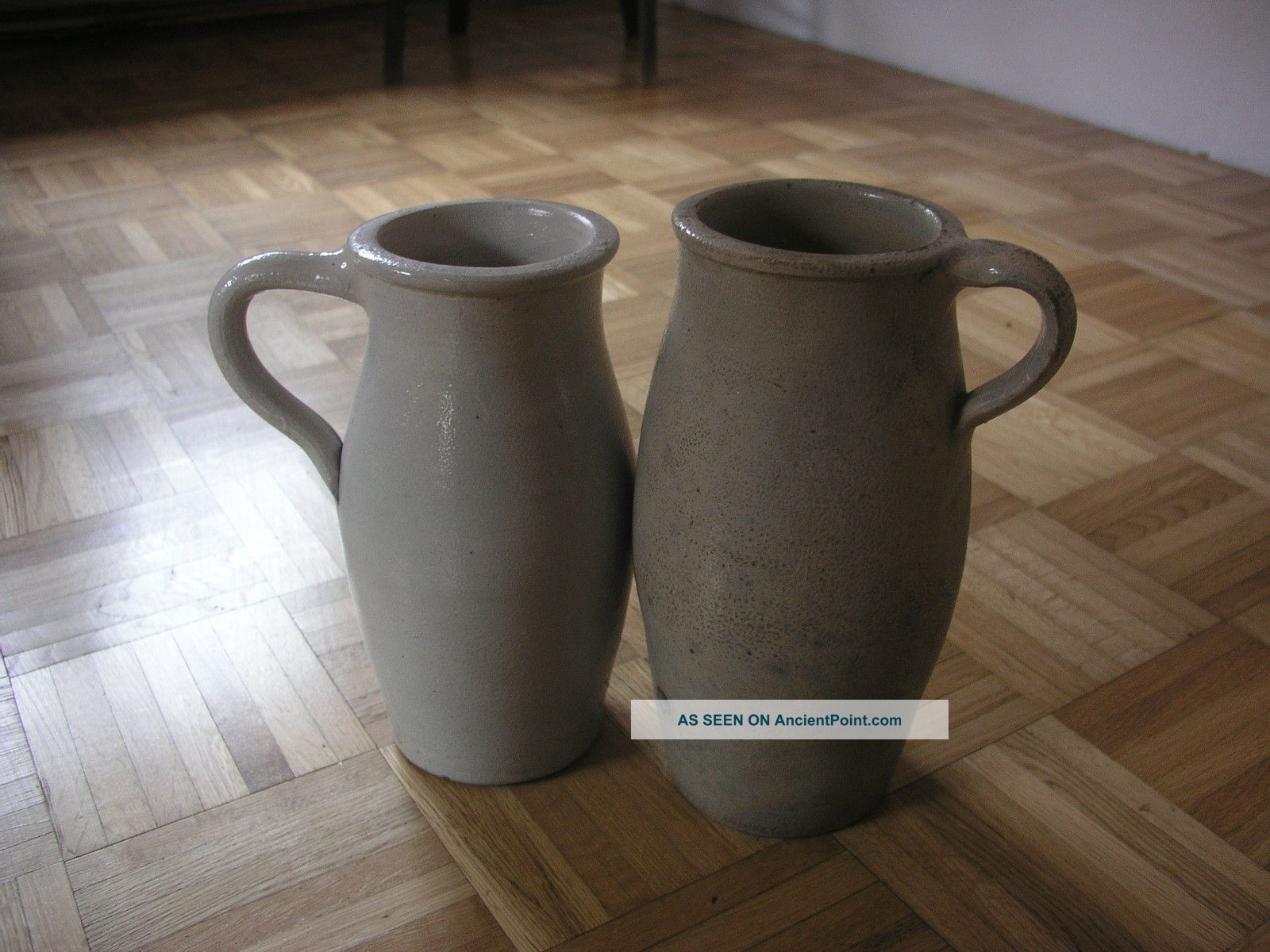 1800s 2 Antique Saltglazed Farm Pitcher Creamer Jug Confit Pottery Crock Pot Old Primitives photo