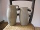 1800s 2 Antique Saltglazed Farm Pitcher Creamer Jug Confit Pottery Crock Pot Old Primitives photo 1