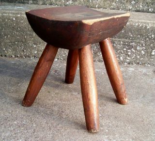 Antique French? Amish? Milking Stool - Primitive Half Log Seat - 4 Legs - Hand - Made - Nr photo