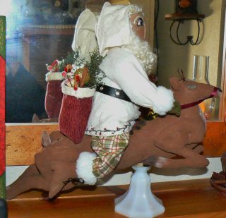 Primitive Folk Art Christmas Santa Doll,  Toy Bag & Drum,  Riding Reindeer Tmap photo