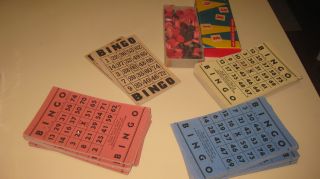 75 Vintage Bingo Game Cards & Box Of Game Pieces photo