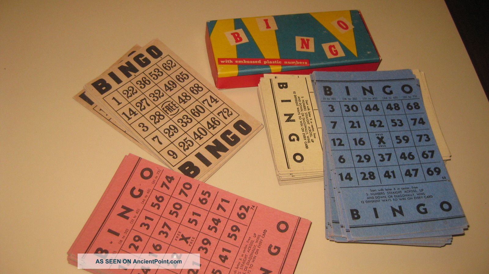 75 Vintage Bingo Game Cards & Box Of Game Pieces