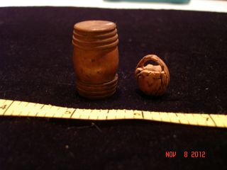 Primitive Miniatures - Wooden Barrel Box - Screw - On Lid + Hand - Carved Almond Basket photo