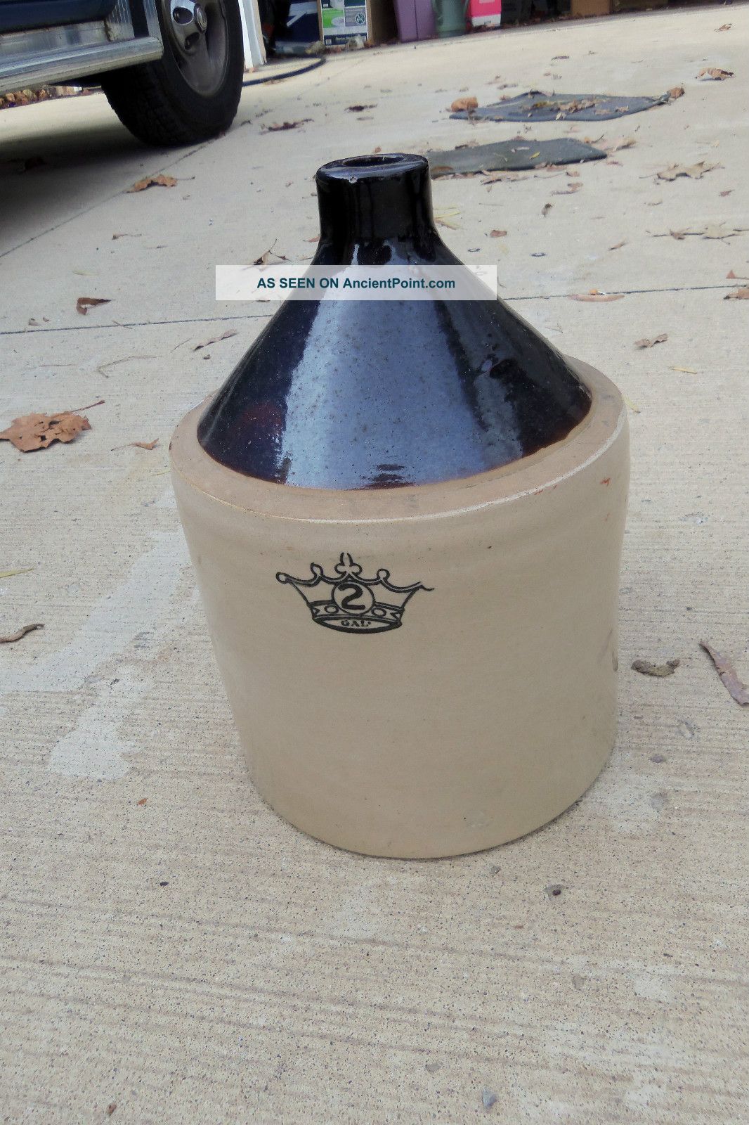 Antique 2 Gallon Pottery Crock Jug Crown 2 Dark Brown Cobalt Blue Primitives photo