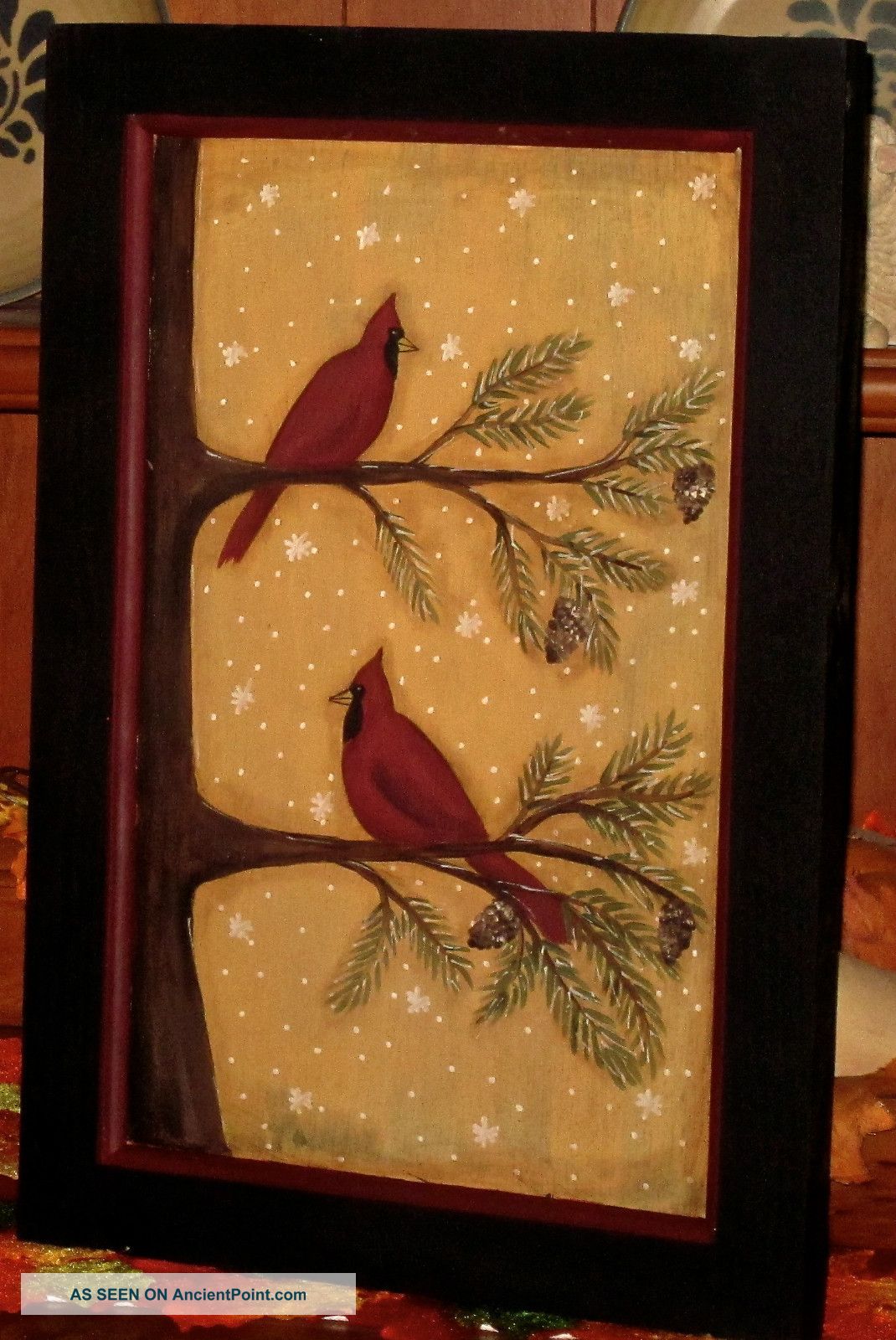 Primitive Hp Folk Art Cardinals Pine Tree & Cone Winter Door Panel Primitives photo