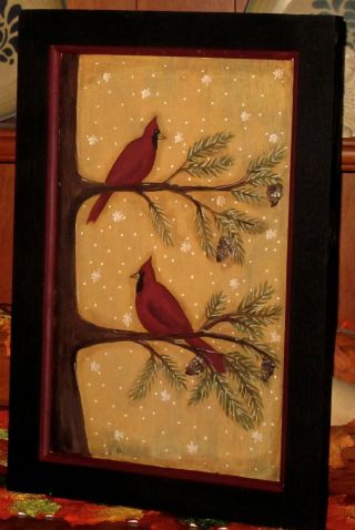 Primitive Hp Folk Art Cardinals Pine Tree & Cone Winter Door Panel photo