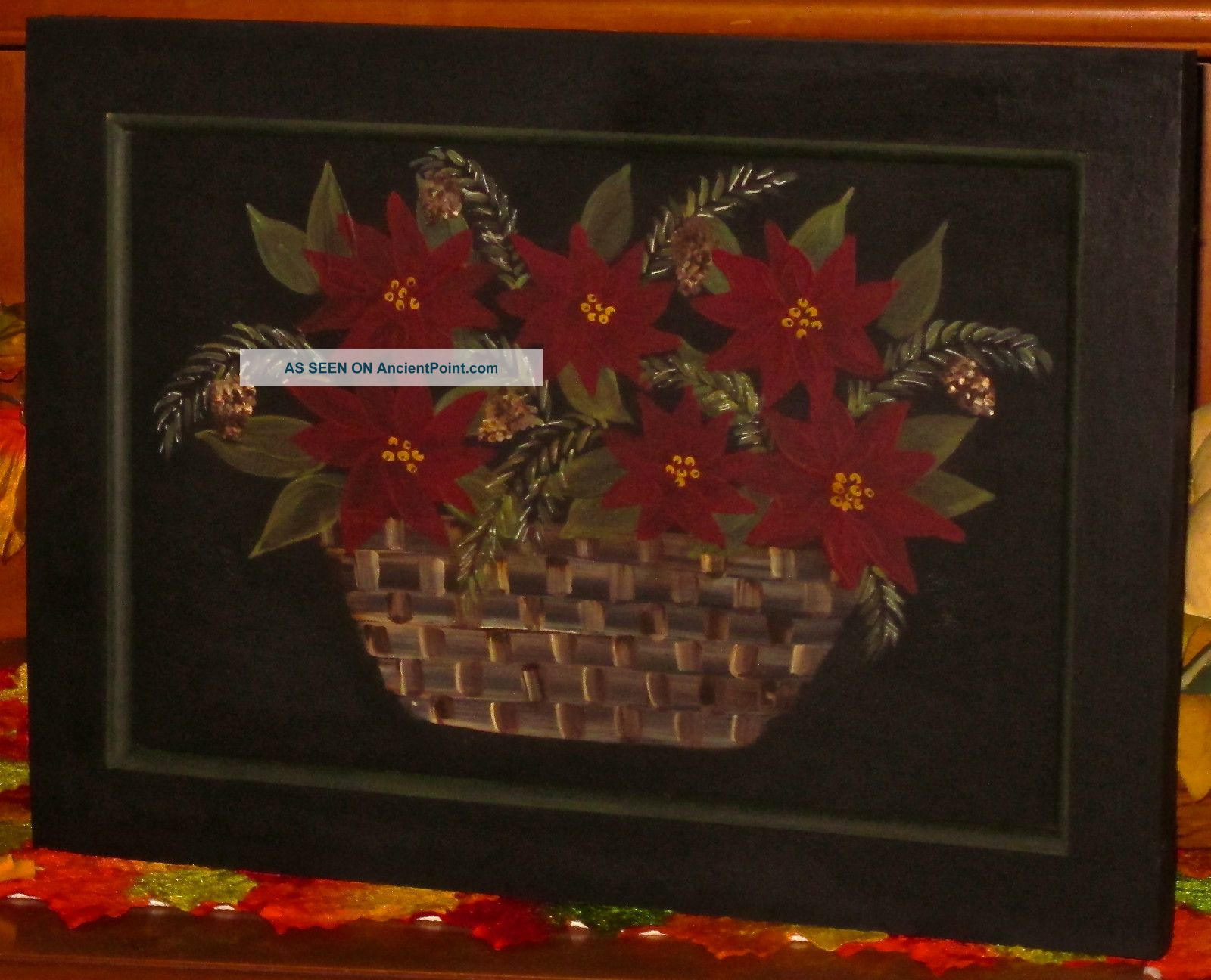 Primitive Hp Folk Art Basket Of Poinsettias Greens Pine Cones Door Panel Primitives photo