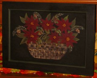 Primitive Hp Folk Art Basket Of Poinsettias Greens Pine Cones Door Panel photo