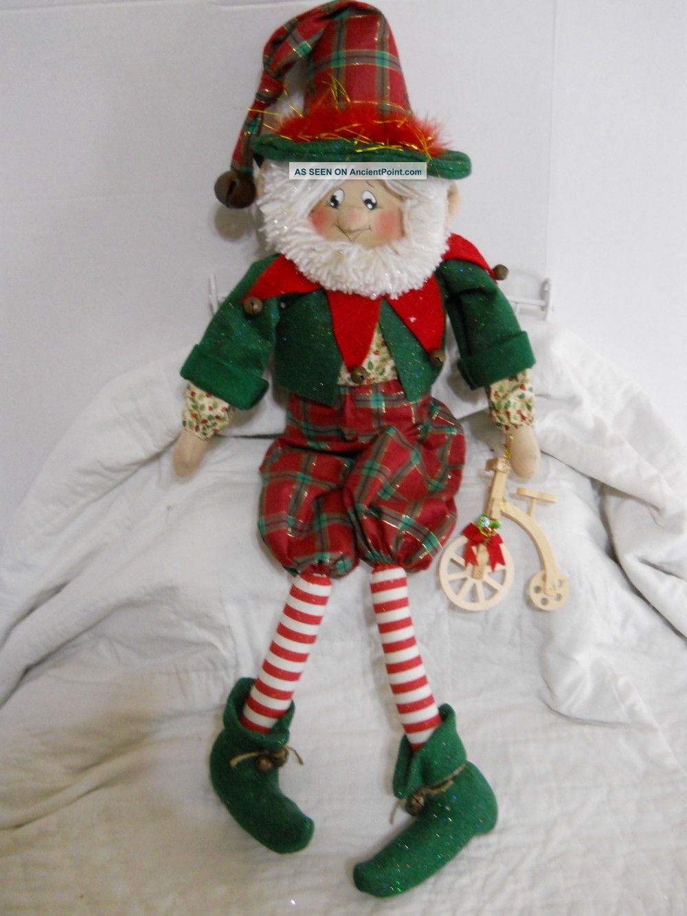 Primitive Santa ' S Helper Elf Holding A Wooden Bike Primitives photo