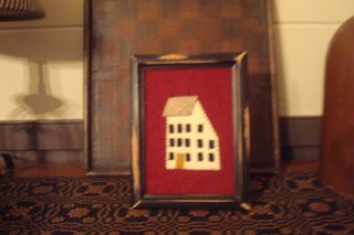 Primitive Picture Wool Felt Salt Box House Framed Folk Art Country Decor photo
