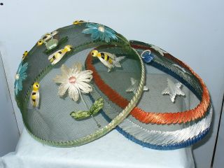 2 Vintage Screen Decorated Shoo Fly Food Covers / Oval,  Round photo