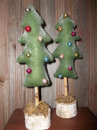 Pair Of Prim Handmade Winter Trees With Vintage Ornaments On Birch Branch Rounds photo
