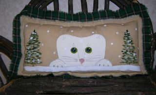 Primitive Christmas Winter Painted Shelf Sitter Pillow Wallhanging Cat In Snow photo