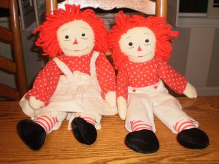 Primitive Raggedy Ann And Andy Folk Art Heart Dolls Set Vintage Red Hair photo