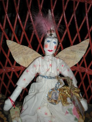 Primitive Angel Doll In Pink,  White And Gold - Unusual Christmas Folk Art photo