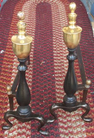 Queen Anne Style Wrought Iron Andirons W/ Brass Urns W/ Some Age photo