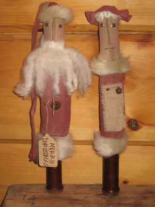 Primitive Olde Folk Art Make Do Santa & Mrs Claus Doll Set 2 Christmas Bobbin photo
