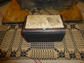 Prim Wooden Treasure Box With Muslin Patch Simples Ticking Patch photo