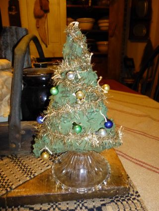 Prim Handmade Chenille Tree Makedo Vintage Glass Candle Holder Vintage Balls photo