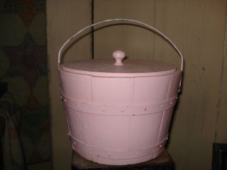 Antique Vintage Wooden Firkin Sugar Bucket Primitive Pail - Pink photo