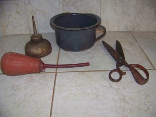 Primitives Including Tottler Chamber Pot,  Two Oil Cans And Old Sissors photo