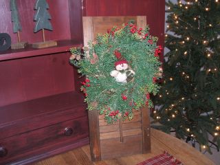 Primitive Country Christmas Decor Wood Shutter Wreath Snowman Holiday Berries photo